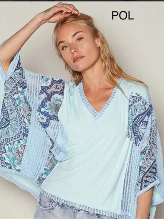 POL Blue Boho Print + Sheer Knit V Neck Rayon Jersey Top - Picture 1 of 14